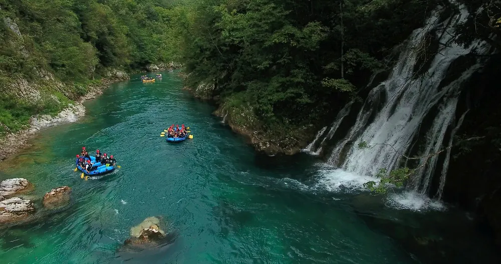 Rafts passing a waterfall on the Tara River