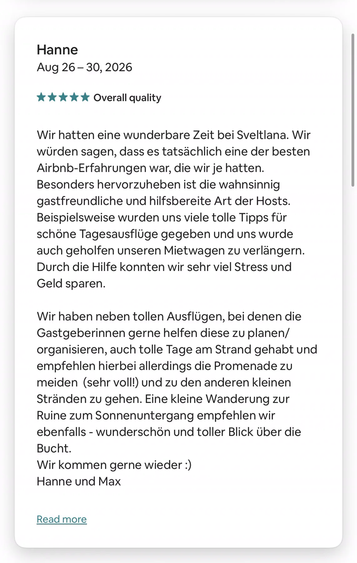 Airbnb review for a studio for two, rated five stars