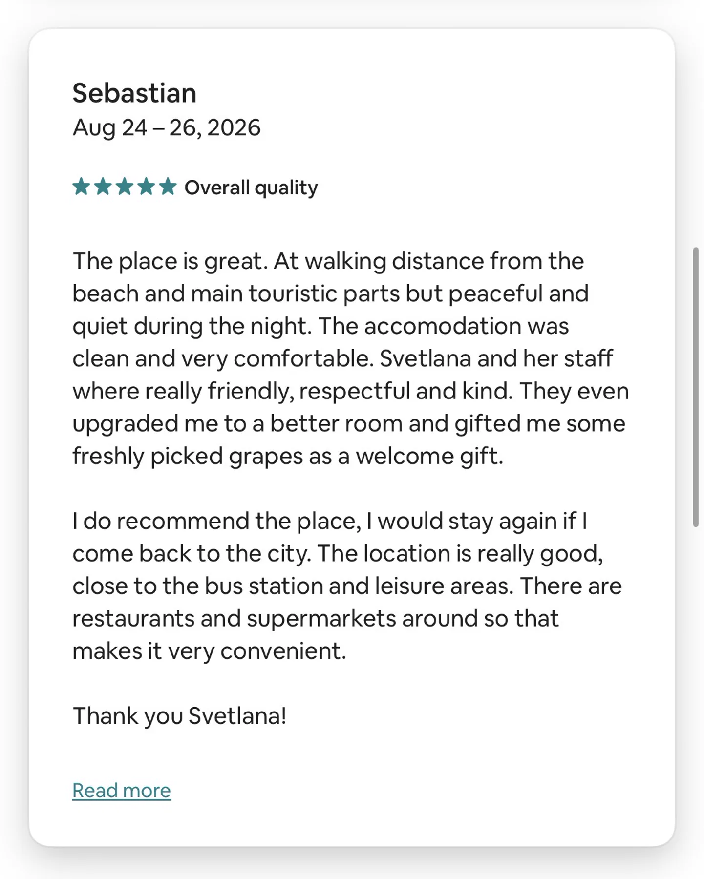 Airbnb review for a studio for two, rated five stars