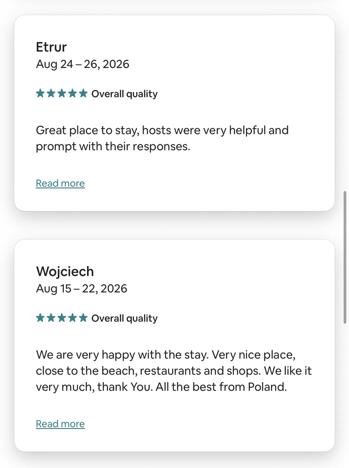 Airbnb review for a studio for two, rated five stars