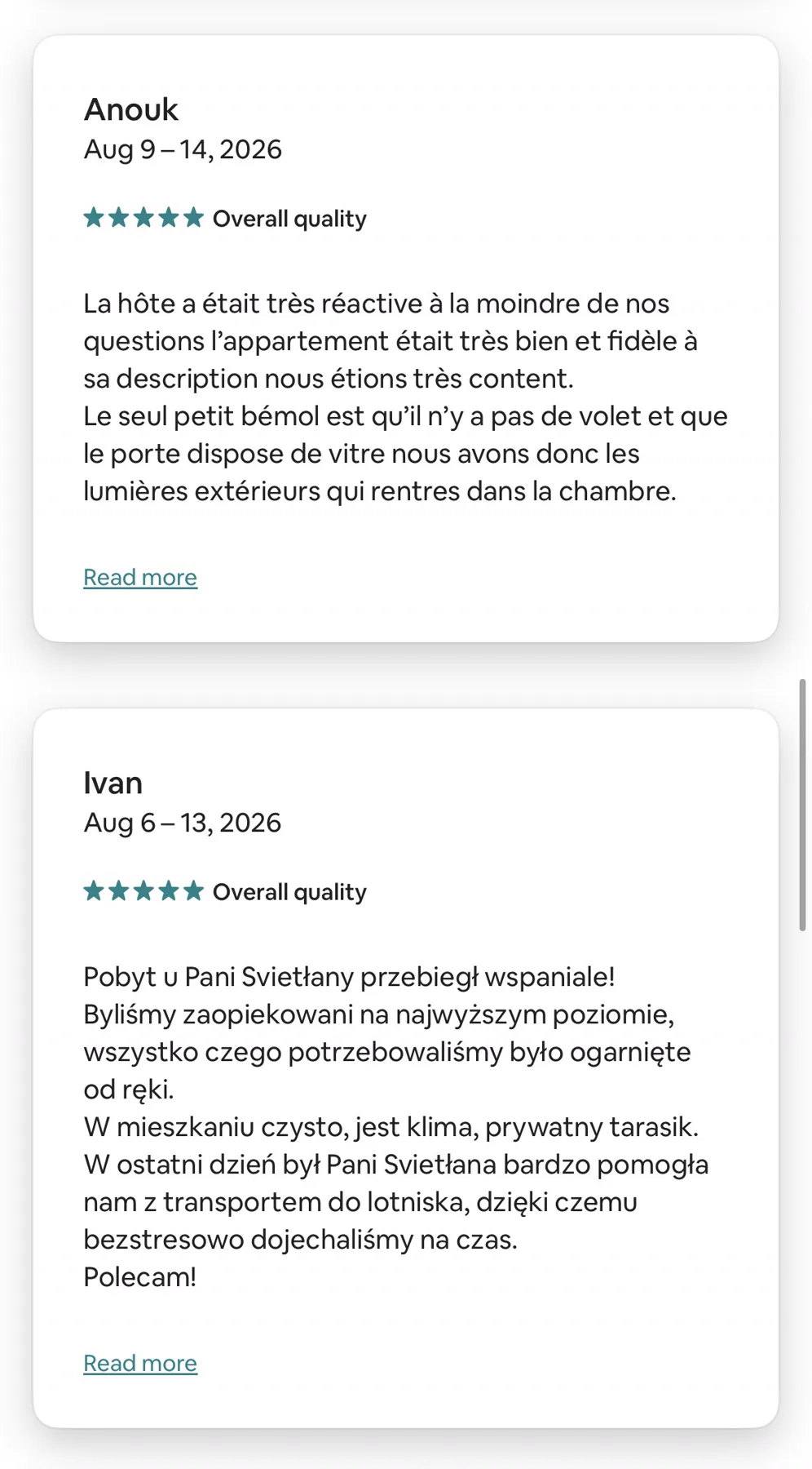 Airbnb review for a studio for two, rated five stars