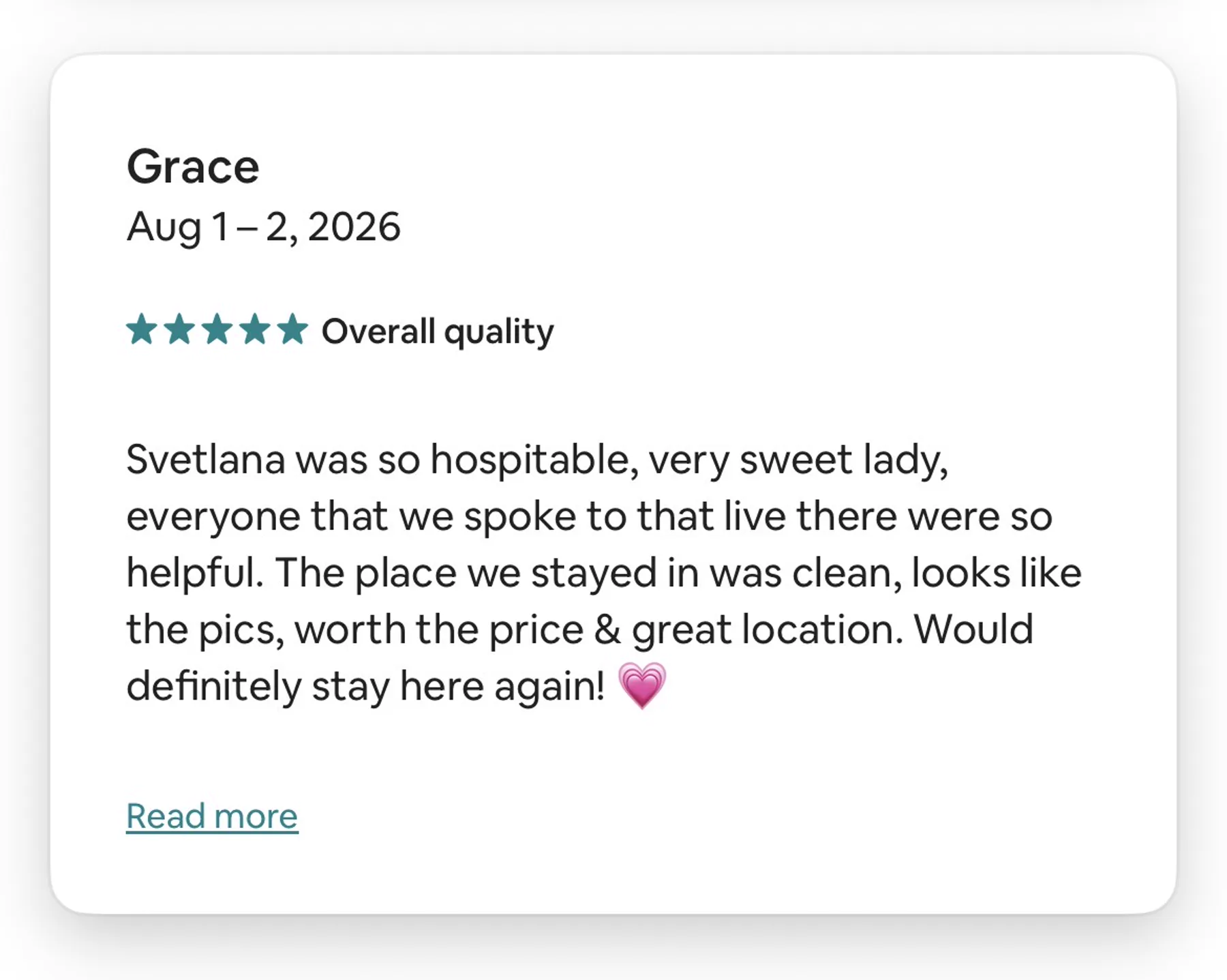 Airbnb review for a studio for two, rated five stars