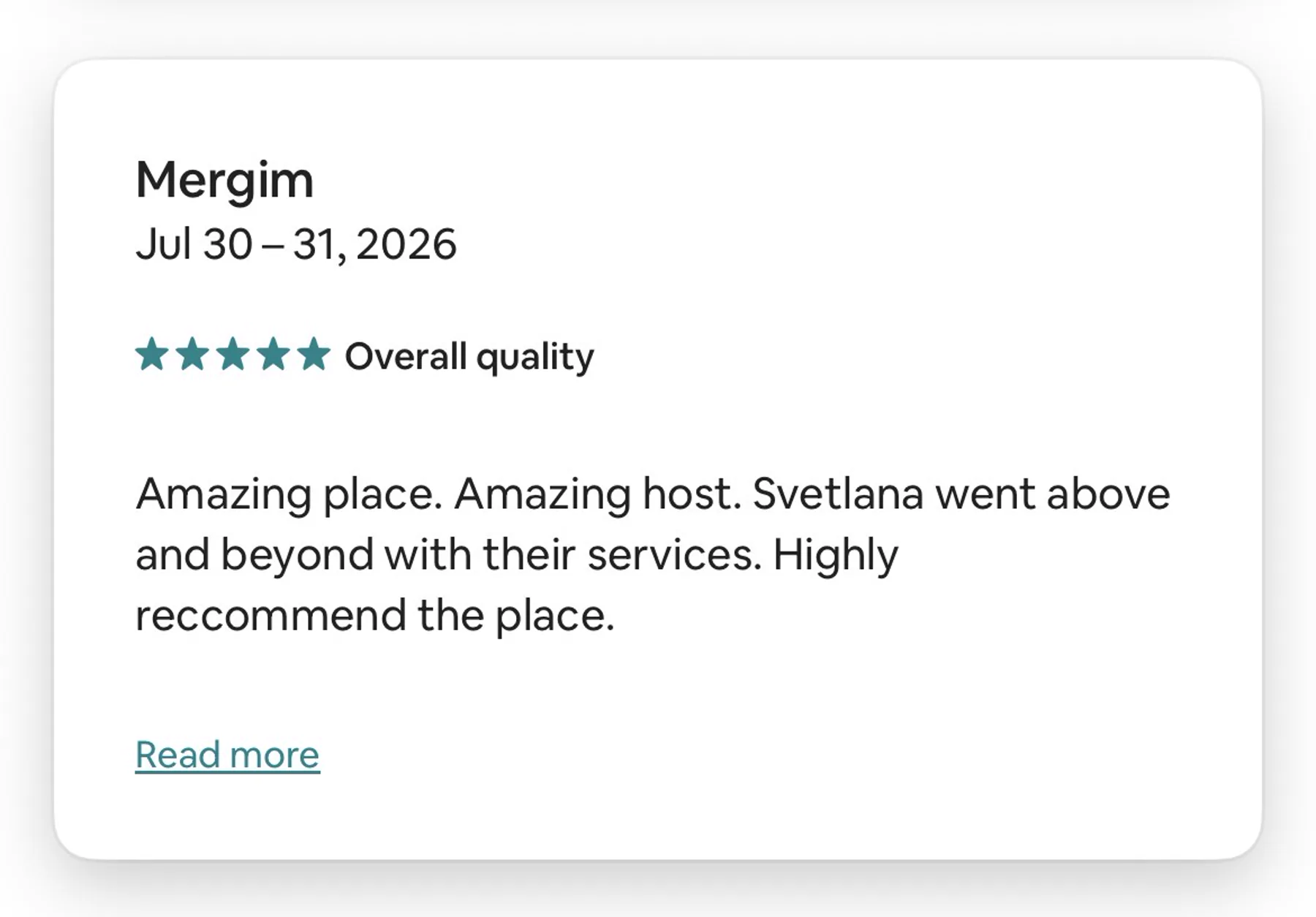 Airbnb review for a studio for two, rated five stars