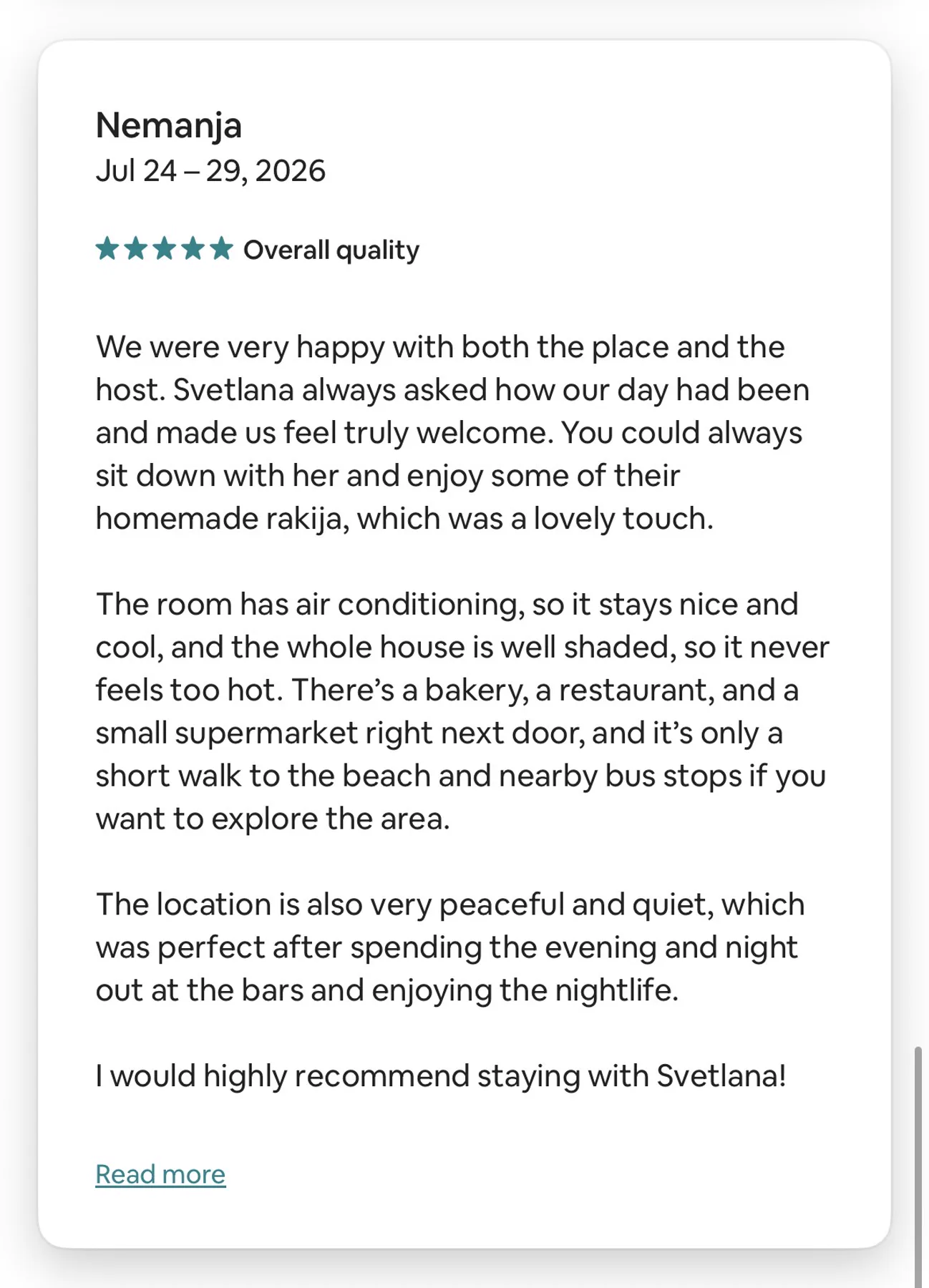Airbnb review for a studio for two, rated five stars