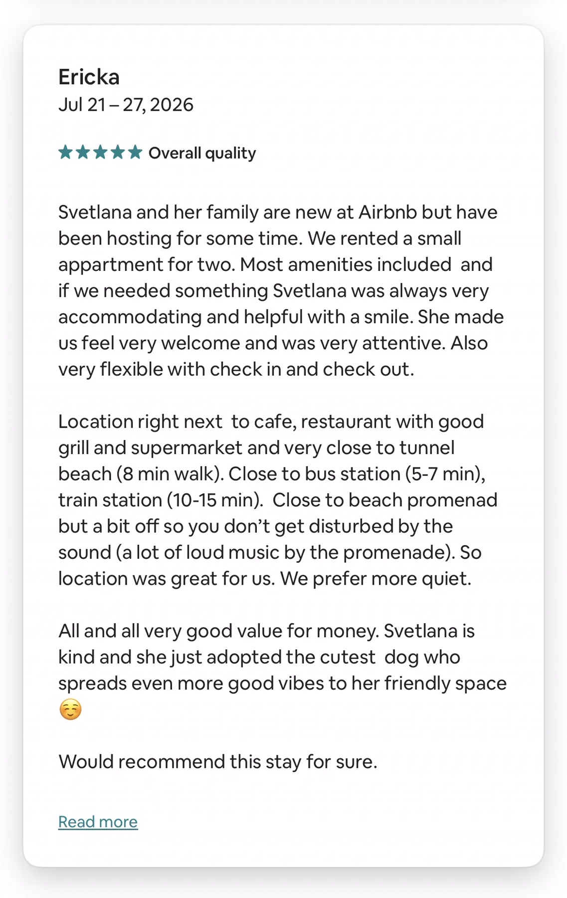 Airbnb review for a studio for two, rated five stars