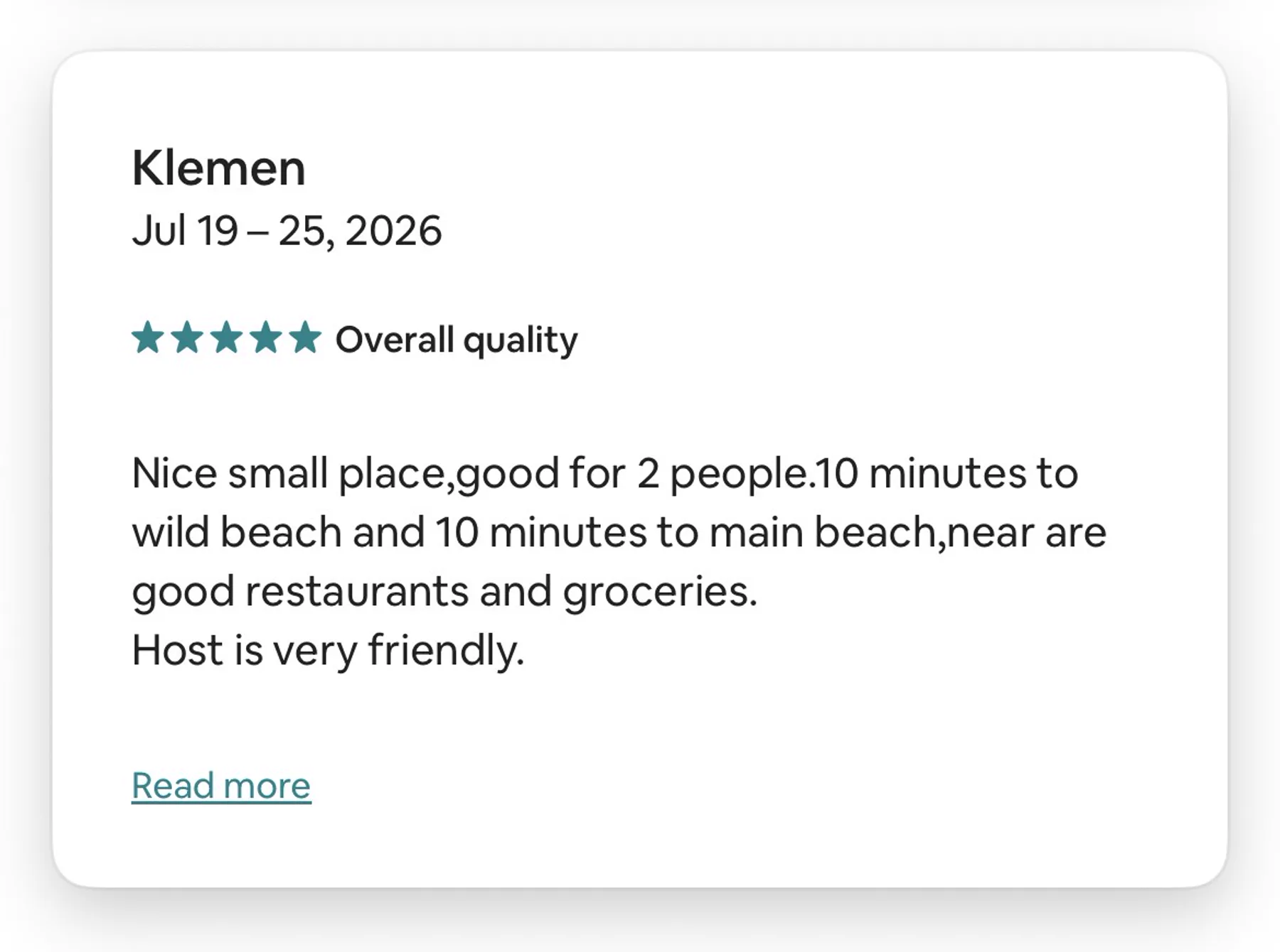 Airbnb review for a studio for two, rated five stars